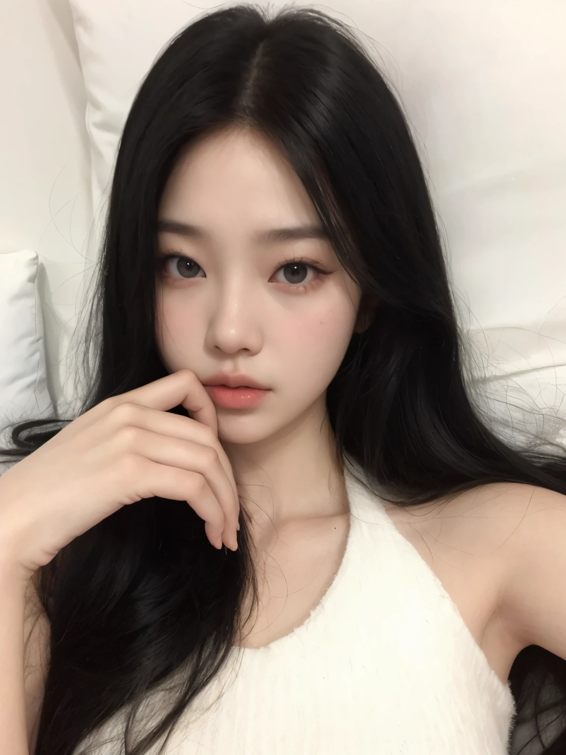 devastated Asian woman with long black hair lying on a bed, jennie blackpink, linda mulher sul-coreana, coreana, Ulzzang, linda jovem coreana, adorable and pale korean face, linda jovem coreana, jaeyeon nam, young lovely korean face, Heonhwa Choe, Jinyoung Shin, jossi do blackpink, beautiful asian girl, korean idol