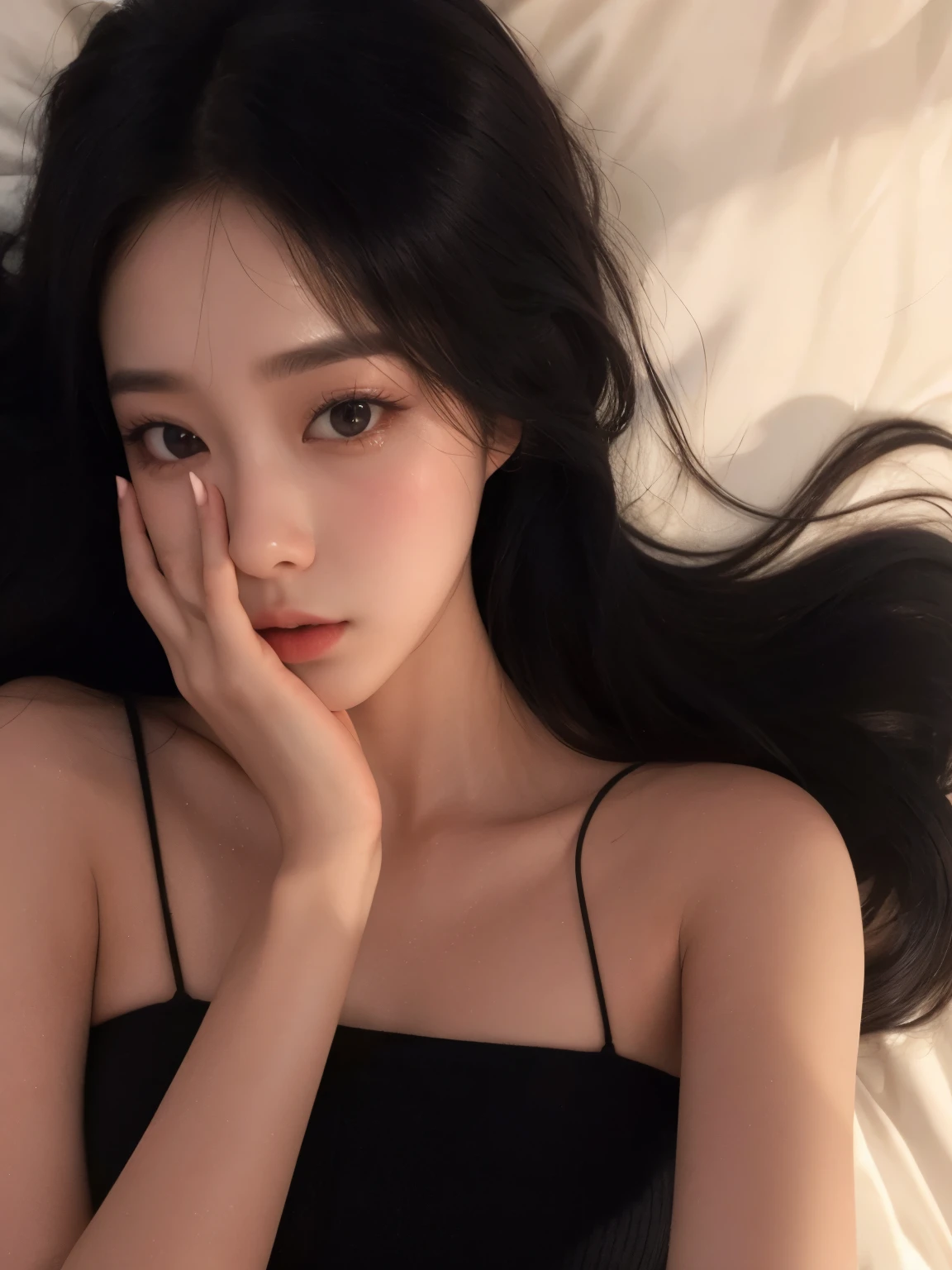araffe woman lying in bed with her hand on her face, Ulzzang, gorgeous young mulher coreana, beautiful south mulher coreana, coreana, beautiful young mulher coreana, Jinyoung Shin, Heonhwa Choe, beautiful asian girl, mulher coreana, jaeyeon nam, encantadores olhos negros, lindo rosto delicado, Seseon Yoon