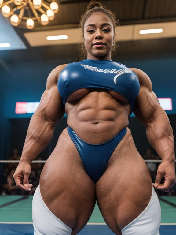 Tatyana Ali, A heavily muscled iffb pro female bodybuilder, (Raw photography:1.5)、(hight resolution:1.5)、(Raw photography:1.5),(Photorealsitic:1.38)、(sharp focus:1.5) 、18 only、One girl、((Cowboy Shots:1.2)),((Body Like a Male Bodybuilder:1.8))、(( bulging petruding abdominal muscles 1.5 )) ((tall:1.4)),((Thick arms with sculpted muscles:1.28)),((long legged:1.4)),((Sculpted muscular thick thighs:1.65)),((large full :1.2))、、
((Delicate and perfect beautiful face,beatiful detailed eyes)、(( thick 6 pack abdominals petruding through clothes ))
(Wrestling shirt、 elbow pads 、latex short Wrestling pants、Dark blue high socks:1.2)), (white Wrestling boots:1.5) ((hime-cut)),
((Standing up with a shrug:1.2))、
((In a WWE wrestling ring))、
looking at the viewers、Facing the audience,The dim、
