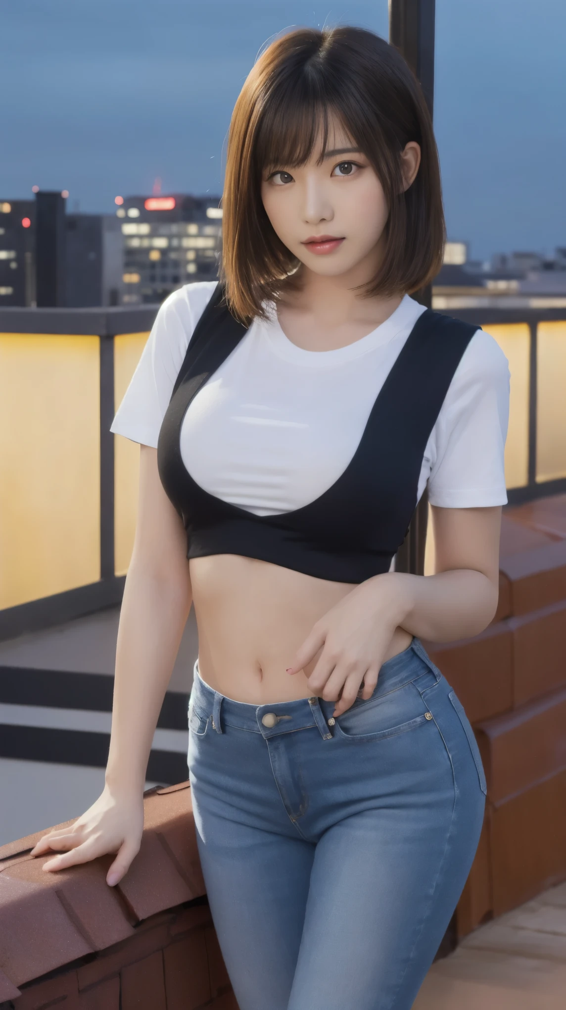 Korean Idols Mature Woman 40 years old ((Blonde chignon with bangs)) Smokey makeup black mascara Bright red lipstick and plump lips (White sleeveless t-shirt) Denim mini skirt garter belt Fishnet stockings Big Breasts Duck mouth Sweaty, shiny skin Clean armpits In the rain forest hands behind head pose Portrait Gravure photoshoot