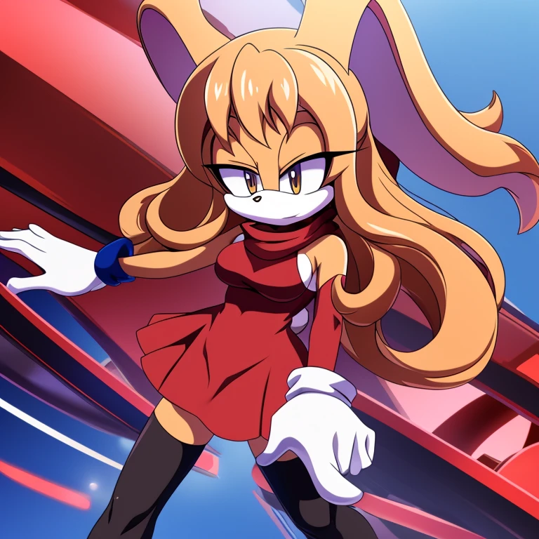 Female, Mobian, Rabbit, Cream the Rabbit, sonic the hedgehog \(series\), rabbit girl, ((solo)), ((1girl)), ((hairstyles, long wavy hair with side bangs)), (eyes open), serious, young adult, average sized breasts, hair on top of shoulders, long peach hair color that’s is wavy, wearing a blue anime styled scarf, wearing a red one piece, knee length tights, black boots, white gloves, (((2D Anime Style))), in a fighting pose