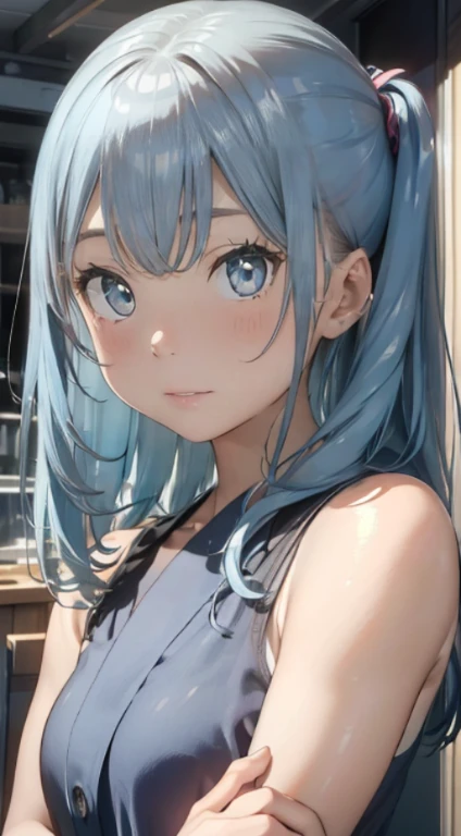(best quality,4k,8k,highres,masterpiece:1.2),ultra-detailed,(realistic,photorealistic,photo-realistic:1.37),portraits,anime,light blue color palette,soft lighting,beautiful detailed eyes,beautiful detailed lips,extremely detailed eyes and face,long eyelashes,short kimono,exposed arms,exposed back,exposed shoulders,walking,long hair,light blue hair,looking at the viewer,blue eyes