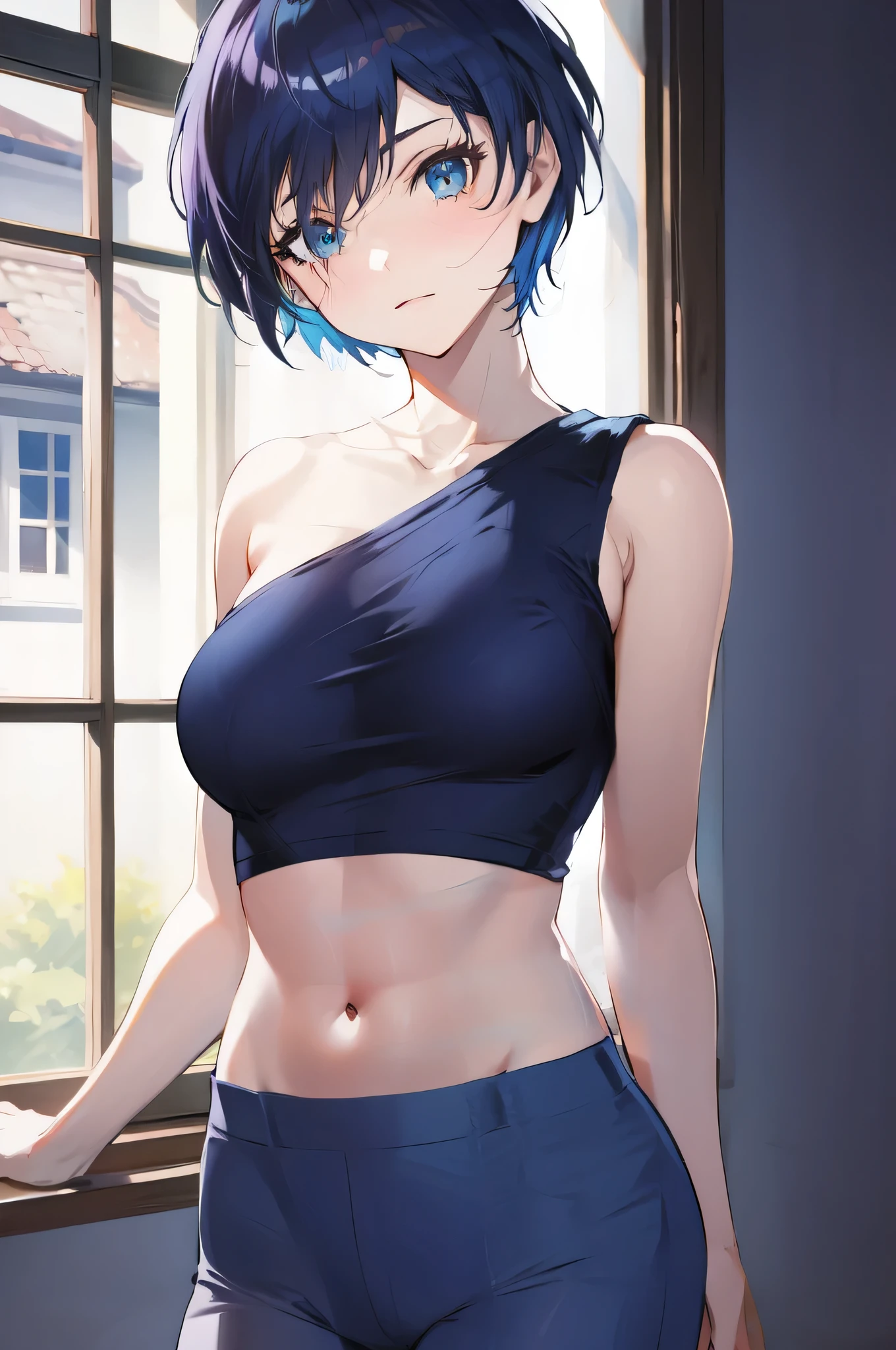 anime girl in a blue top and black shorts posing by a window, short blue haired woman, seductive anime girl, attractive anime girl, smooth anime cg art, ilya kuvshinov. 4 k, beautiful alluring anime woman, anime girls, anime moe artstyle, rei ayanami, chloe price, extremely detailed artgerm, [ 4 k digital art ]!!