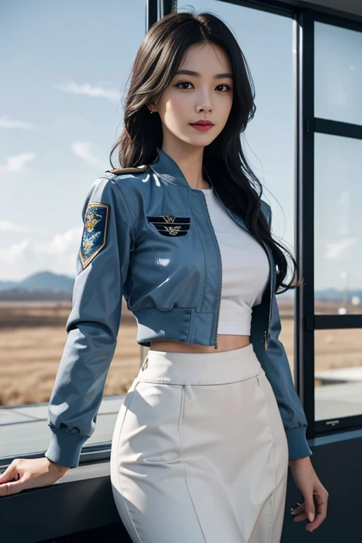 (best quality,8K,32k,masterpiece,ultra high definition:1.2),(realistically:1.5),( 8K, best quality,high resolution:1.2),(Super detailed,ultra high definition:1.2),Very cute and beautiful photos of Japanese women,(maroon,wavy long hair:1.2),AS-Adult,(Detail of beautiful girl:1.4),best quality,Miss,AS-Adult,(Detail of United States Air Force pilot:1.5),(white bomber jacket:1.3), (White high waist pencil skirt:1.3),Meticulous clothes,(Beautiful midnight us air force base runway landscape background:1.3),faint smile,looking at the audience,Face the audience,((perfect female figure)),(thin waist:1.2),(Upper body image:1.3),slim,abdominal muscles,(Big breasts:1.25),(frame the head)),wind,dynamic poses,movie lighting,The light from the rear window is backlit,perfect anatomy,perfect proportions, Detailed human body, Bokeh, depth of field,