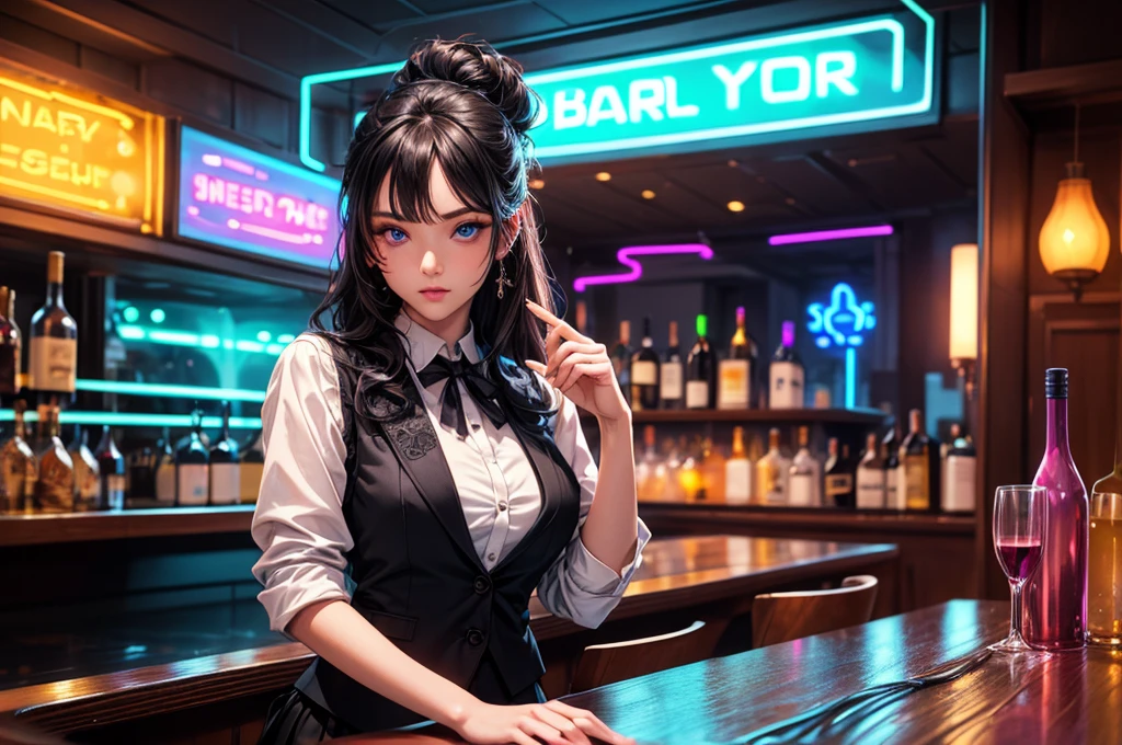 a lady, permanent, bartender, ((Black vest with white shirt) black tie), (black skirt with black lace stockings high heels), Stylish clothing, adult, Sexy, black hair, very long wavy hair, half updo half up half down, shine blue eyes, long upper eyelashes, most detailed eyes, light makeup, seductive expression eyes, (seductive smile:0.8), (Masterpiece best quality:1.2) Exquisite illustrations and super detailed, Medium breast, detailed face, high quality hair, super detailed finger, BREAK, ((Colorful neon lights:1.37) hang on the wall), (Neon tube:1.37), glowing, rest, (Fashion bar:1.2), indoors, ((cocktail glass) Filled with colorful wine), (The room is dimly lit), wine bottle, Art Deco, Detailed background, BREAK, Super textured skin, super detail face, perfect face, Super fine facial details, beautiful and delicate eyes, perfect eyes, correct limbs, (correct finger), super detail finger, best hair quality, best clothing quality, best prop quality, best backgroud detail and quality, anatomically correct, best quality, highres, award winning