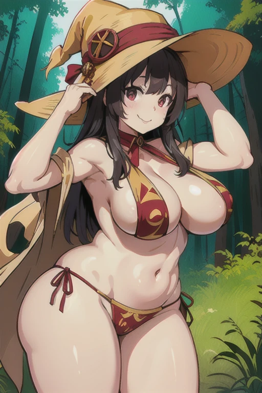(masterpiece:1.2, best quality:1.2, beautiful, high quality, highres:1.1, aesthetic), detailed, extremely detailed, ambient soft lighting, 4K, perfect eyes, perfect face, perfect lighting, 1girl, solo,absurdres, megumin_konosuba, smile, looking at viewer, , witch hat, loin cloth, topless, amazon, cave woman. jungle, collared, huge ass, huge breasts, huge thighs, narrow waist, wide hips, thick thighs, curvy, smiling, looking at viewer, cowboy shot