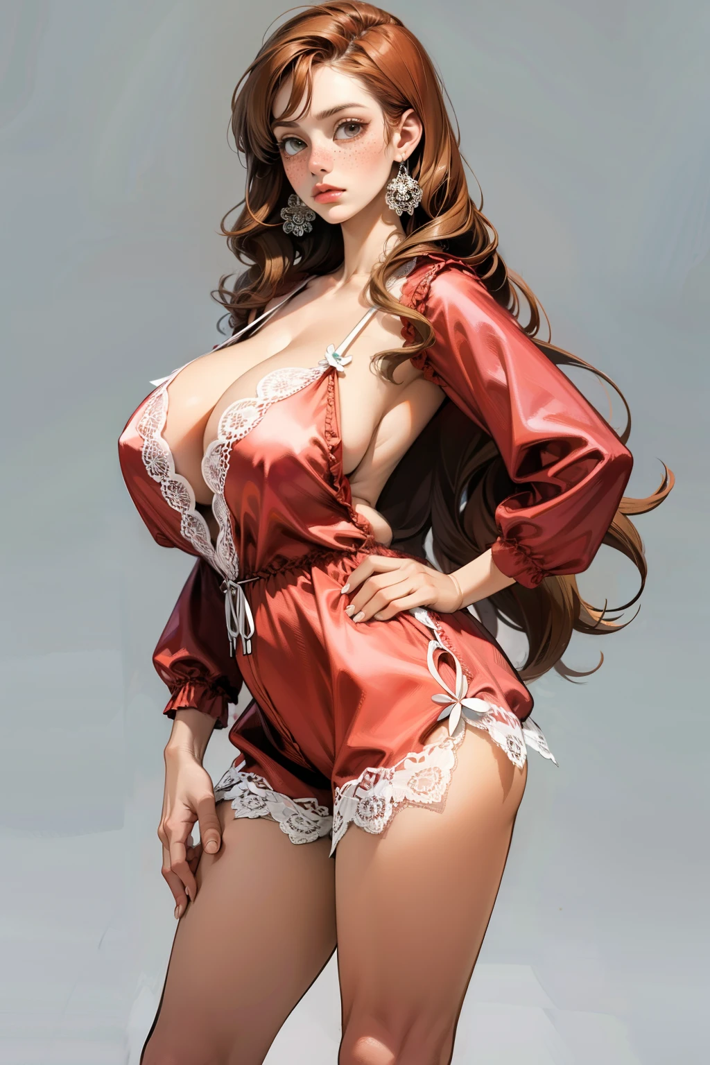 masterpiece, best quality, 1girl, r3dr0mp3r, red silk romper, lace trim, solo, standing, Fr3ckles, freckles, long hair, ginger hair, simple background, (huge breasts)