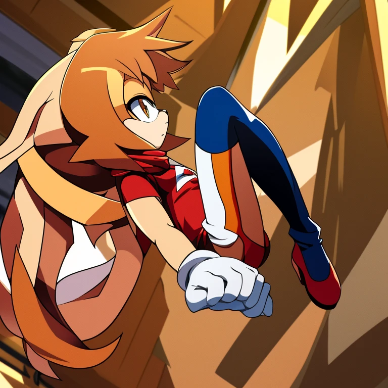 Female, Mobian, Rabbit, Cream the Rabbit, sonic the hedgehog \(series\), rabbit girl, ((solo)), ((1girl)), ((hairstyles, long wavy hair with side bangs)), (eyes open), serious, young adult, average sized breasts, hair on top of shoulders, long peach hair color that’s is wavy, wearing a blue anime styled scarf, wearing a red one piece, knee length tights, black boots, white gloves, (((2D Anime Style))), in a fighting pose