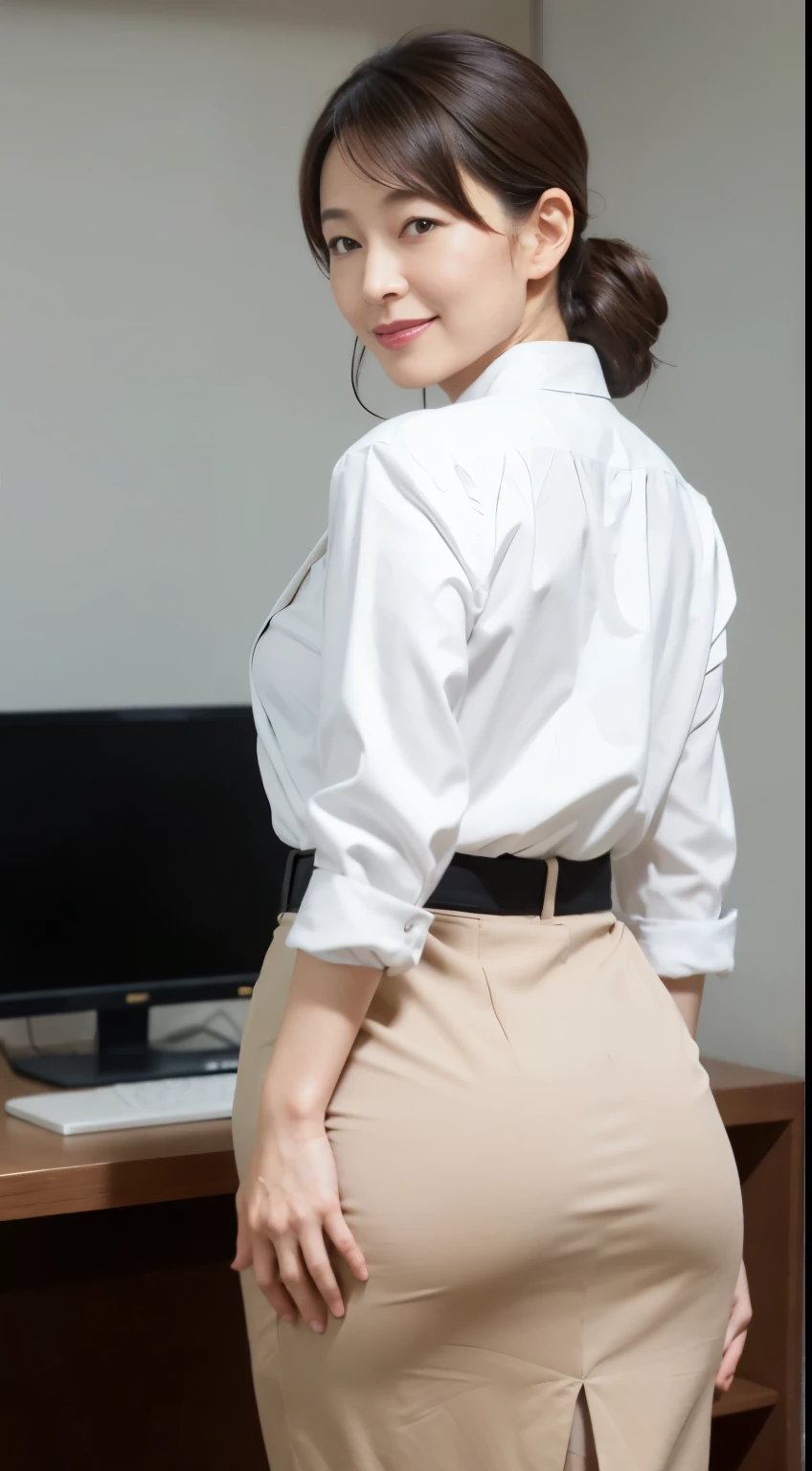 (Best quality, 8k, 32k, Masterpiece, UHD:1.2), from behind, 1 walking girl, beautiy Japanese office lady, (smile:0.5), (looking at the the viewer), 30 years old, bit chubby, white shirt, black skirt, office room, desk, (small breasts, buttocks:1.2), detailed beautiful face, wavy pony-tail hair, from below,
