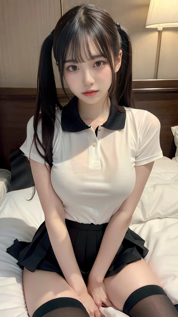 muste piece, best quality, illustration, Super detailed, fine details, High resolution, 8K,wall paper, perfect dynamic composition,(Details High quality, realistic depiction of eyes:1.3), (Polo shirt with collar), pleated skirt, knee high socks, twintail, Lying down, black hair color, Big Natural Color Lip, bold sexy pose, (perfect body shape), crying a little、cold gaze, Harajuku style、20 year old girl、cute type、lolita、beautiful legs, hotel room, hposing Gravure Idol, Voluptuous thighs