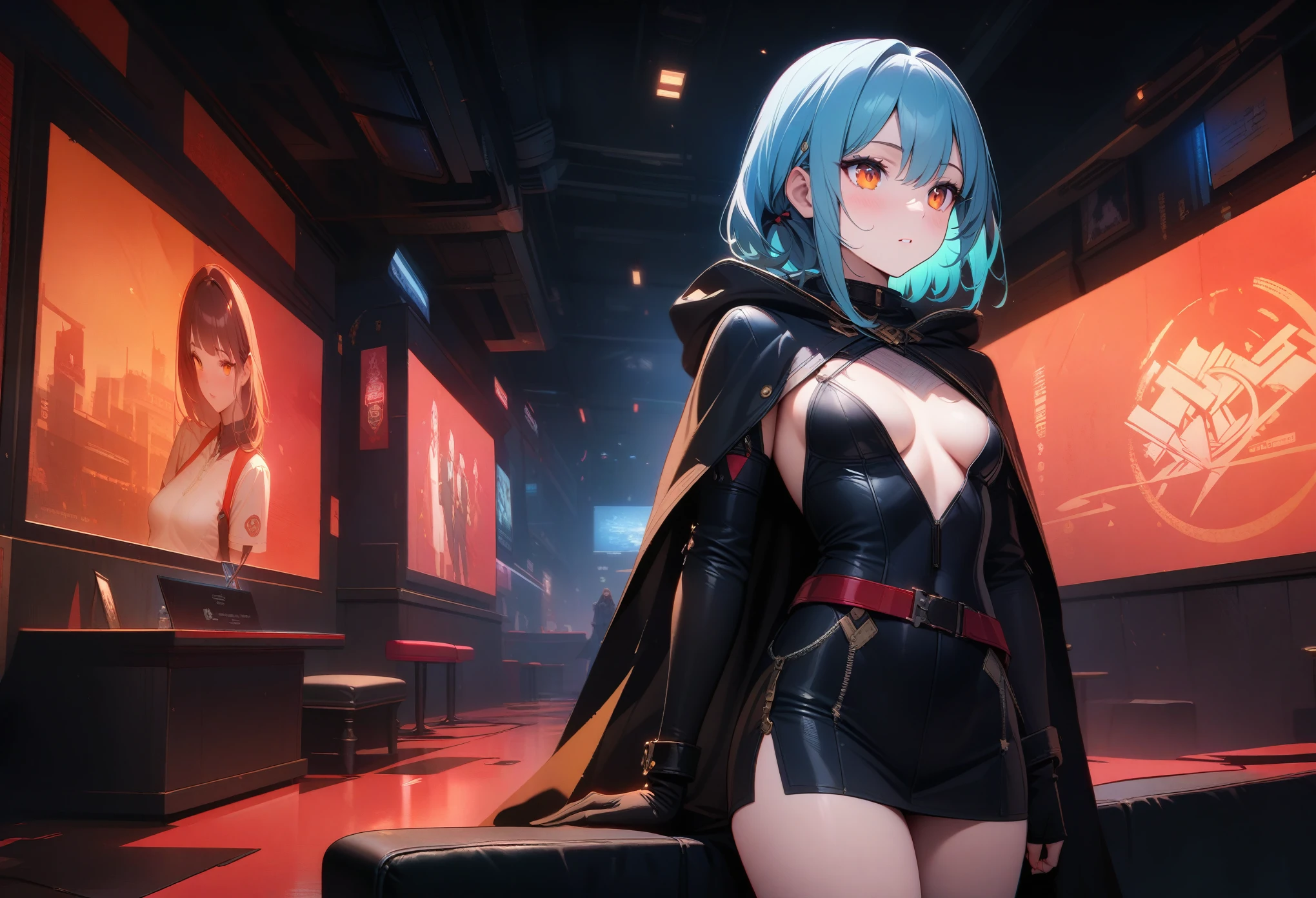 ((masterpiece, best quality, ultra-detailed, an extremely delicate and beautiful)), ((extremely detailed CG unity 8k wallpaper)), ((award winning, ccurate, UHD, textured skin, chromatic aberration, perfect anatomy, Fujicolor)), ((((post-apocalyptic fiction)))), (concept art), ung wanderer sitting on the chair in the pub, slum, (flat breasts), short body, young sister taste, jet black halfback hair with silver innor color, orange eyes, wearing black cape, lost in thought, retrospective atmosphere