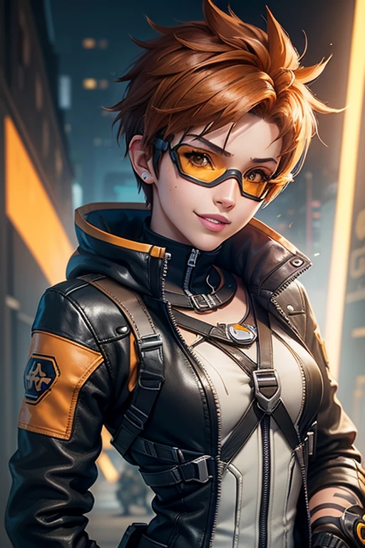 TracerOver, 1girl, tracer (overwatch), solo, orange goggles, brown hair, goggles, short hair, spiked hair, brown eyes, upper body, harness, jacket, bomber jacket, smile, looking at viewer, bodysuit, chest harness, bangs, parted lips, teeth, leather, lips, brown jacket, leather jacket, piercing
