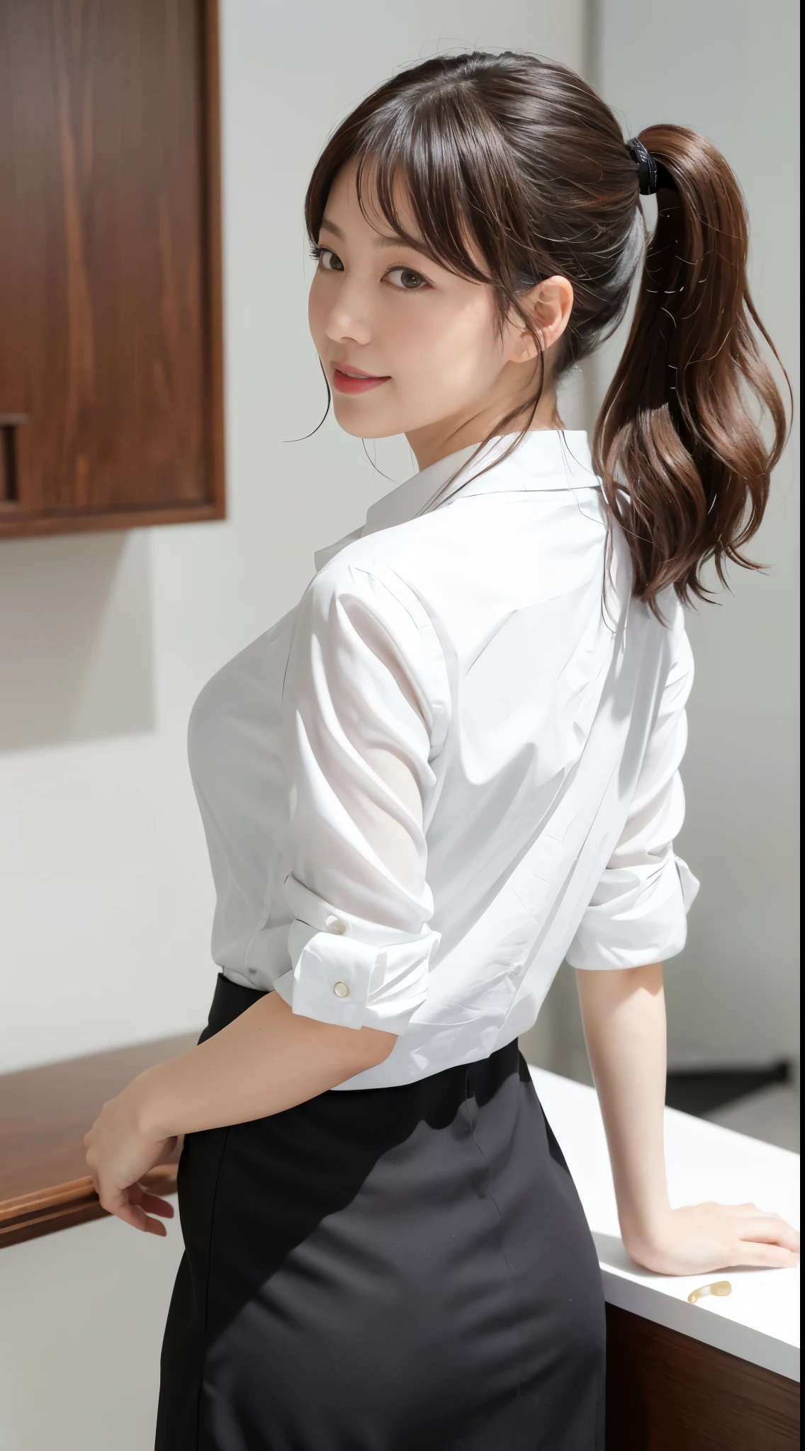 (Best quality, 8k, 32k, Masterpiece, UHD:1.2), from behind, 1 walking girl, beautiy Japanese office lady, (smile:0.5), (looking at the the viewer), 30 years old, bit chubby, white shirt, black skirt, office room, desk, (small breasts, buttocks:1.2), detailed beautiful face, wavy pony-tail hair, from below,