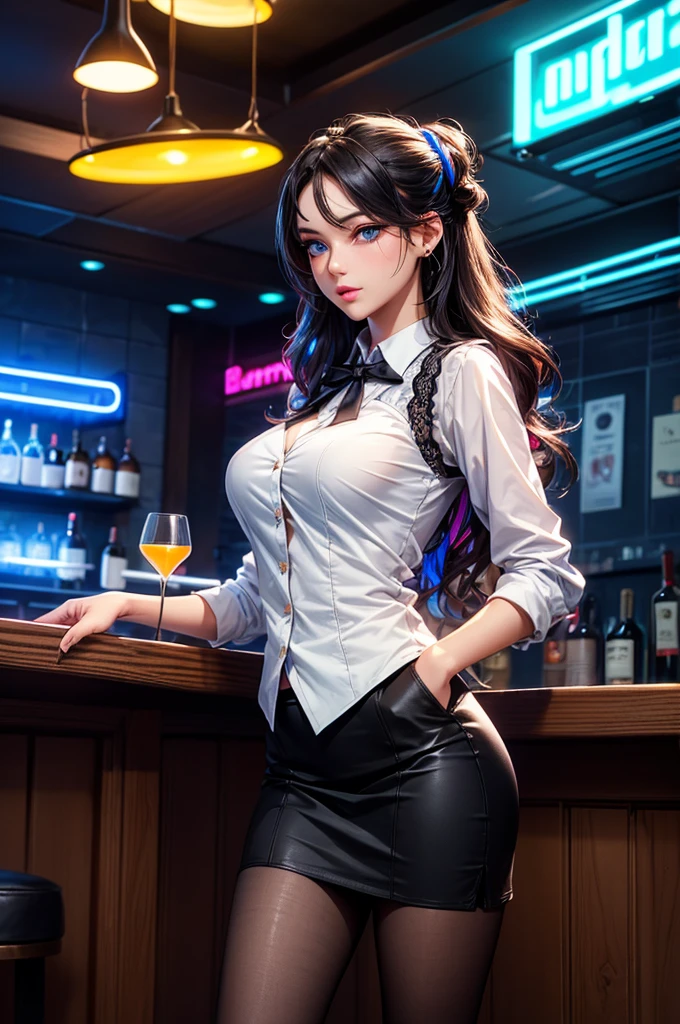 Solo Back view, Bar at night, Broad shoulders, Woman, Seated, Customer seat, Cocktail glass, White collared shirt, Short sleeves, Black long skirt, Ponytail:1.9 Tall and expensive woman:1.9. Short black hair, straight hair, hair tie, bangs swept to the side:1.9. Slanted Eyes, Brown eyes, expensive, Strong-willed, beautiful、Big breasts、adult