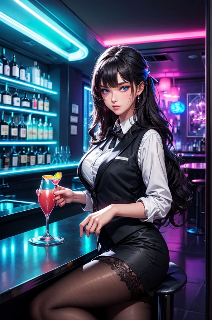 a lady, permanent, bartender, ((Black vest with white shirt) black tie), (black skirt with black lace stockings high heels), Stylish clothing, adult, Sexy, black hair, very long wavy hair, half updo half up half down, shine blue eyes, long upper eyelashes, most detailed eyes, light makeup, seductive expression eyes, (seductive smile:0.8), (Masterpiece best quality:1.2) Exquisite illustrations and super detailed, Medium breast, detailed face, high quality hair, super detailed finger, BREAK, ((Colorful neon lights:1.37) hang on the wall), (Neon tube:1.37), glowing, rest, (Fashion bar:1.2), indoors, ((cocktail glass) Filled with colorful wine), (The room is dimly lit), wine bottle, Art Deco, Detailed background, BREAK, Super textured skin, super detail face, perfect face, Super fine facial details, beautiful and delicate eyes, perfect eyes, correct limbs, (correct finger), super detail finger, best hair quality, best clothing quality, best prop quality, best backgroud detail and quality, anatomically correct, best quality, highres, award winning