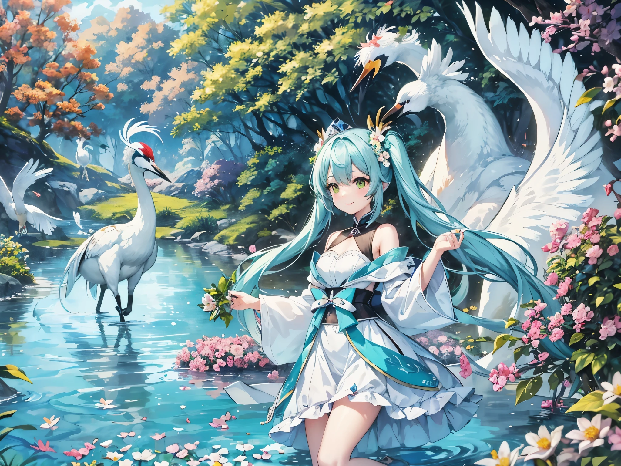 light blue long hair、Beautiful girl with twin tails、bright smile、Cute green and white dress、A park full of flowers、Two Red-crowned Cranes、The red-crowned crane is flying、surrounded by many flowers、