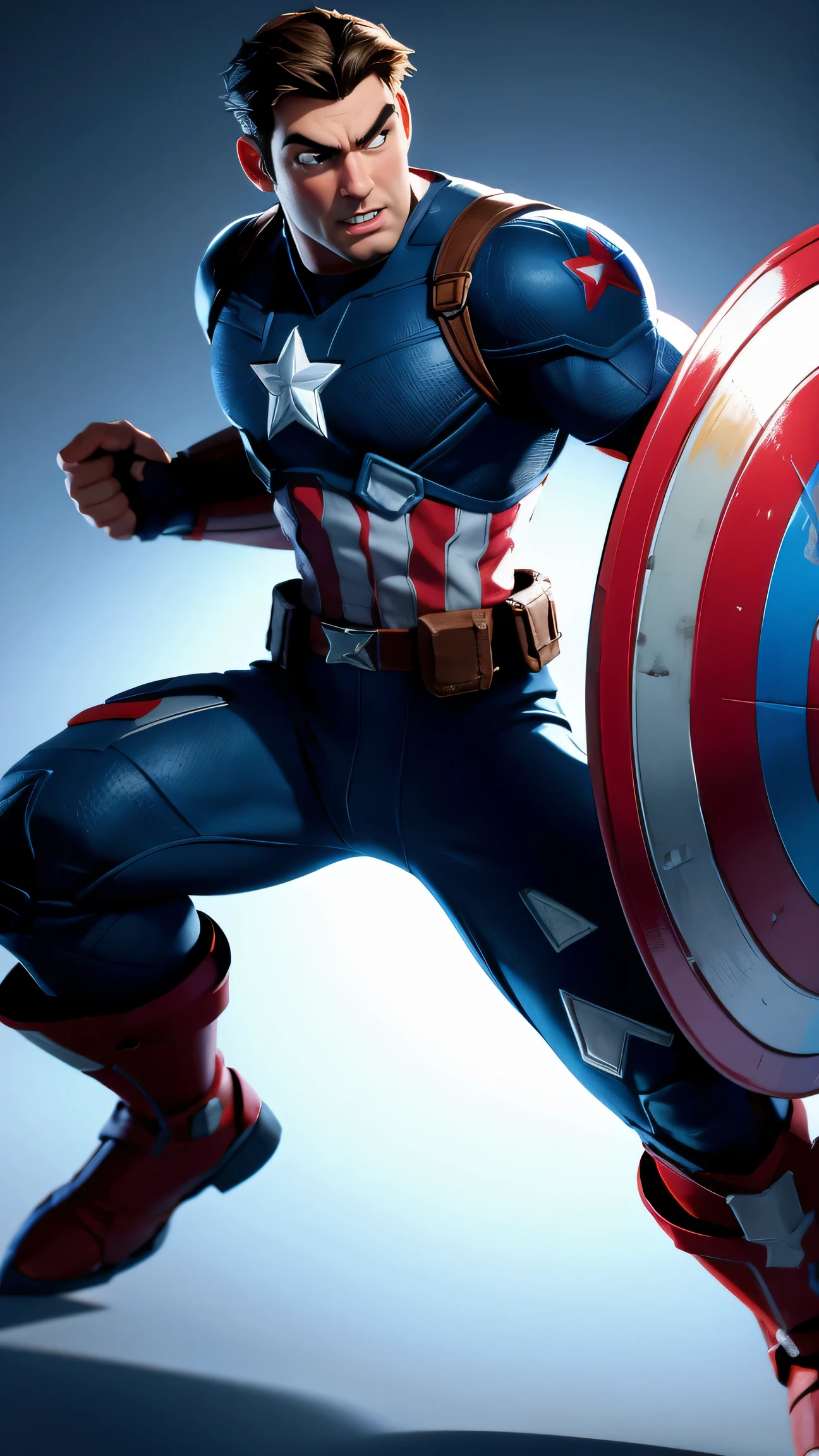Captain America in a dynamic action pose, his shield gleaming brightly. Render him in a 3D Disney Pixar style with bold colors and exaggerated proportions.