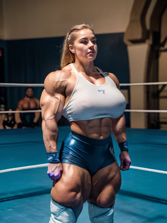Sydney Sweeney, A heavily muscled iffb pro female bodybuilder, (Raw photography:1.5)、(hight resolution:1.5)、(Raw photography:1.5),(Photorealsitic:1.38)、(sharp focus:1.5) 、18 only、One girl、((Cowboy Shots:1.2)),((Body Like a Male Bodybuilder:1.8))、(( bulging petruding abdominal muscles 1.5 )) ((tall:1.4)),((Thick arms with sculpted muscles:1.28)),((long legged:1.4)),((Sculpted muscular thick thighs:1.65)),((large full breasts:1.2))、、
((Delicate and perfect beautiful face,beatiful detailed eyes)、
(Wrestling shirt、 elbow pads 、latex short Wrestling pants、Dark blue high socks:1.2)), (white Wrestling boots:1.5) ((hime-cut)),
((Standing up with a shrug:1.2))、
((In a WWE wrestling ring))、
looking at the viewers、Facing the audience,The dim、