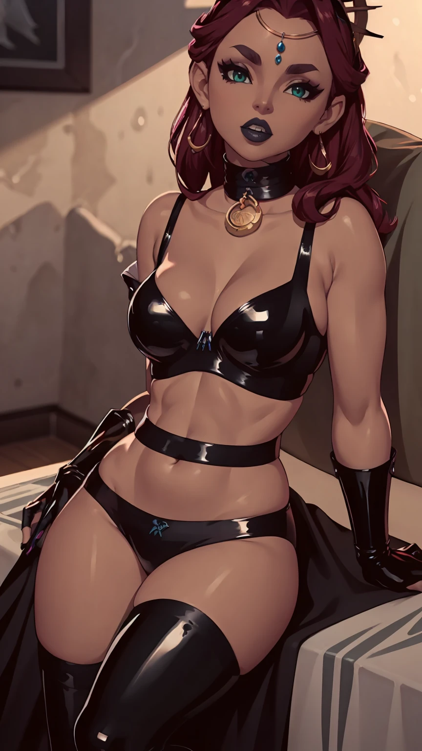 ((high detailed, best quality, 4k, masterpiece, hd:1.3)), ((best quality)), (((HD))), (((8k))), (ultraDH), (ultra HD), green eyes, BREAK green eyes, seductive, attractive, smooth anime cg art, 36C breasts, long legs, vivid colors, slim body, perfect skin, red hair, long hair, light hair, red hair, BREAK crown, cleavage, 36C cleavage, looking at viewer, BREAK looking at viewer, extremely detailed face, earrings, gem, dark blue makeup lips, dark gothic eyeshadows, dark eyeshadows, white eyeshadows, blue sexy lips, dark lips, very dark lips, (perfect hands, perfect anatomy), light makeup, blue medium lips, blue thick lips, detailed fingers, five fingers per hand, 5 fingers, (1 girl), detailed lips, detailed blue lips, blue painted lips, gothic painted lips, (breast focus), (arms outstreched:1.2), (from above:1.1), (breasts out:1.3), (off shoulder:1.1), (((desert))), (((black stockings))), (((black latex lingerie)))