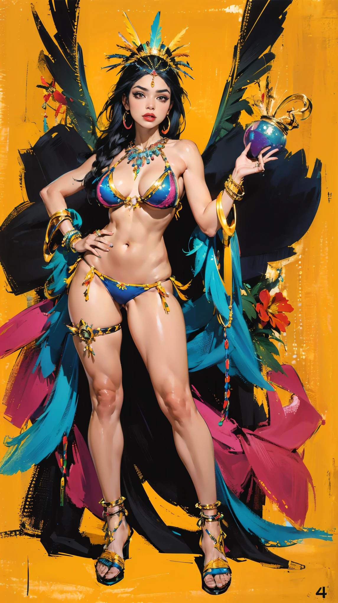 ((best quality,4k,highres,masterpiece:1.2)),((character concept art)), 1 female, age 23. Known for her love of high-end fashion and vibrant nightlife, Lily embodies the role of a modern, young, and affluent Asian-American girl. Her body language is as outgoing and confident as her personality, always exuding a vibrant energy. Lily's long, jet-black hair is often highlighted with streaks of vibrant colors typical of the ABG aesthetic. Her eyes are accentuated by dramatic, winged eyeliner and voluminous false eyelashes. (((She's now wearing a vibrant, heavily beaded bikini top and matching thong, reminiscent of Brazil's Carnival costumes. Knee-high gladiator sandals adorned with colorful beads and charms, assorted bangles and anklets, an oversized feather headdress or hairpiece in bright colors, and a sequin-embellished body chain complete her outfit))), To contribute to the music and overall  atmosphere, she carries a small, decorated handheld Carnival drum. With multiple ear piercings and visible tattoos, she carries her ensemble with an air of unapologetic confidence. ((intricate detail)), super finely detailed hands, ultra finely detailed fingers((ten fingers)), (standing confidently), (full body showcase), (show full body), (no logos on background), (no logo), ((plain background)), ((plain background)), (((empty background))).