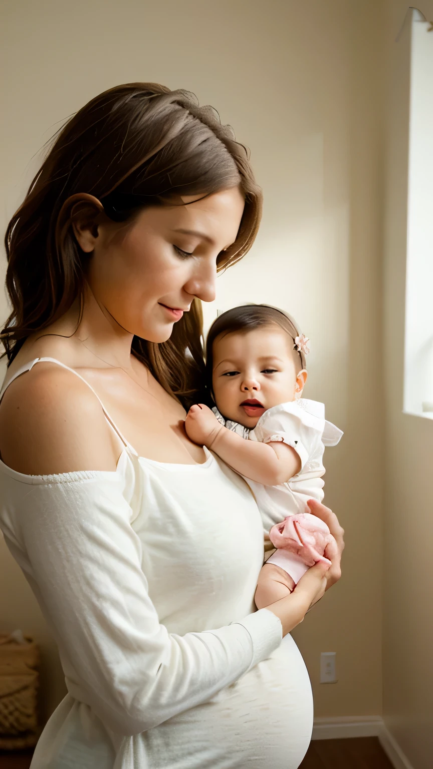 woman, mother, dressed in light tones, playing with her , instagram post, maternity, realistic,
