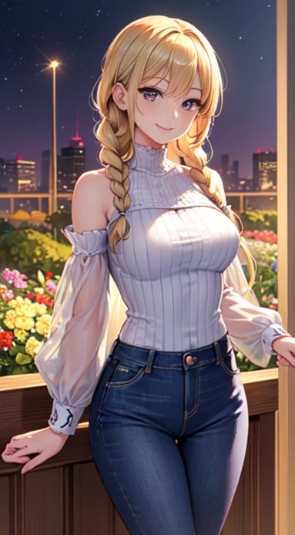 最high quality,very detailed,high quality,Extremely detailed,masterpiece,Super fine,ultra high resolution,超high quality,super realistic、(1 person:1.2)、woman、(Mature:1.5)、Blonde Hair Color、(Braid)、(Captivatingly shining purple eyes)、big breasts 、slender body、(smile:1.3)、Shoulder-baring tops、jeans、garden