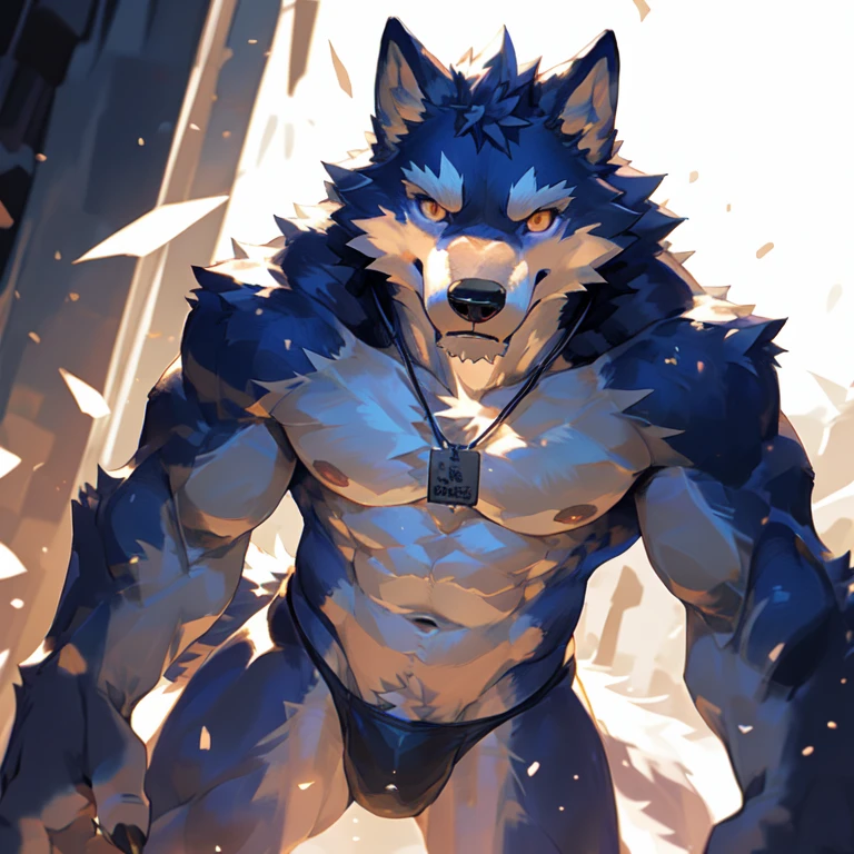 (masterpiece,highest quality,super detailed,perfect anatomy),kemono,white background,particles of light,sharp focus,by null-ghost,alone,anthro,Wolf,naked,muscular (white fur:1.5,white body:1.5),looking at the viewer,fine eyes,thong,dog tag