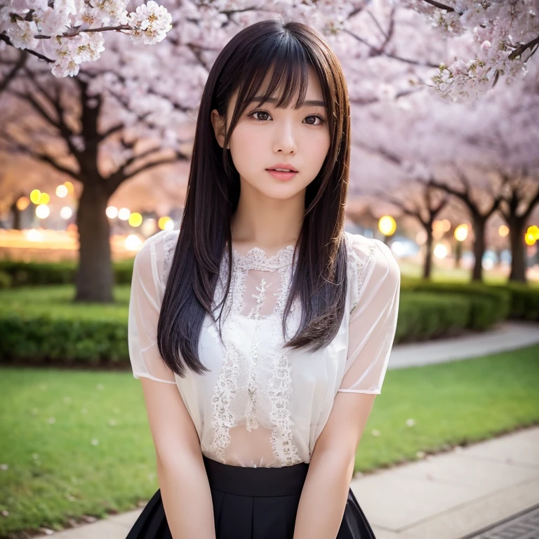 The eyes of a beautiful young Japanese woman working in the sex industry looking back at us in a park at night with cherry blossoms in full bloom. Focal length 100mmf/2.8, spring, night, park, cherry blossoms in full bloom, light wind, many cherry blossom viewing visitors at night, long hair swaying in the wind, well-shaped face, toned body, blouse with lace decoration, tight skirt , clear skin, eyes that look at others, attitude when looking at others, open mouth, close-up of facial expressions, night air, sense of realism, 8K image quality, highest quality.