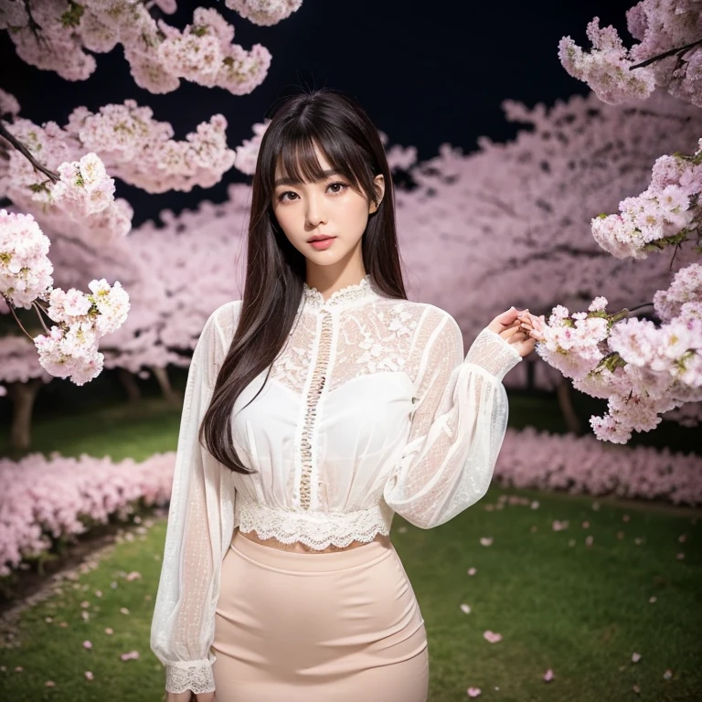 The eyes of a beautiful young Japanese woman working in the sex industry looking back at us in a park at night with cherry blossoms in full bloom. Focal length 100mmf/2.8, spring, night, park, cherry blossoms in full bloom, light wind, many cherry blossom viewing visitors at night, long hair swaying in the wind, well-shaped face, toned body, blouse with lace decoration, tight skirt , clear skin, eyes that look at others, attitude when looking at others, open mouth, close-up of facial expressions, night air, sense of realism, 8K image quality, highest quality.