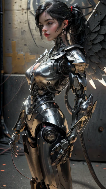 (masterpiece), (extremely intricate:1.3), (realistic), the most beautiful in the world, (black cyborg armor), metal reflections, full body, complex detail wide background, robot city background, nighttime, professional model pose, sharp focus, dramatic, award winning, cinematic lighting, octane render unreal engine, volumetrics dtx, (film grain), sexy, long hair pony tail style, (realism:1.6), (realistic skin texture:1.3), beautiful blue eyes, perfect face, lipstick,
Top Quality, Masterpiece, Ultra High Resolution, (Photorealistic: 1.4), Raw Photo, 1 Girl, Black Hair, Glossy Skin, 1 Mechanical Girl, (Ultra Realistic Details)), Global Illumination, Shadows, Octane Rendering, 8K, Ultra Sharp, Big, Cleavage Exposed Raw Skin, Metal, Complex Ornaments Details, Cold Color, Egyptian details, very intricate details, realistic light, CGSoation trend, glowing eyes, facing the camera, neon details, blood vessels connected to tube, mechanical black cervical attachment to the neck, wires and cables connecting to the head, evangelion, small LED lamp, perfect breast, spread mechanical black_wings, led mechanical complex earings, wide angel