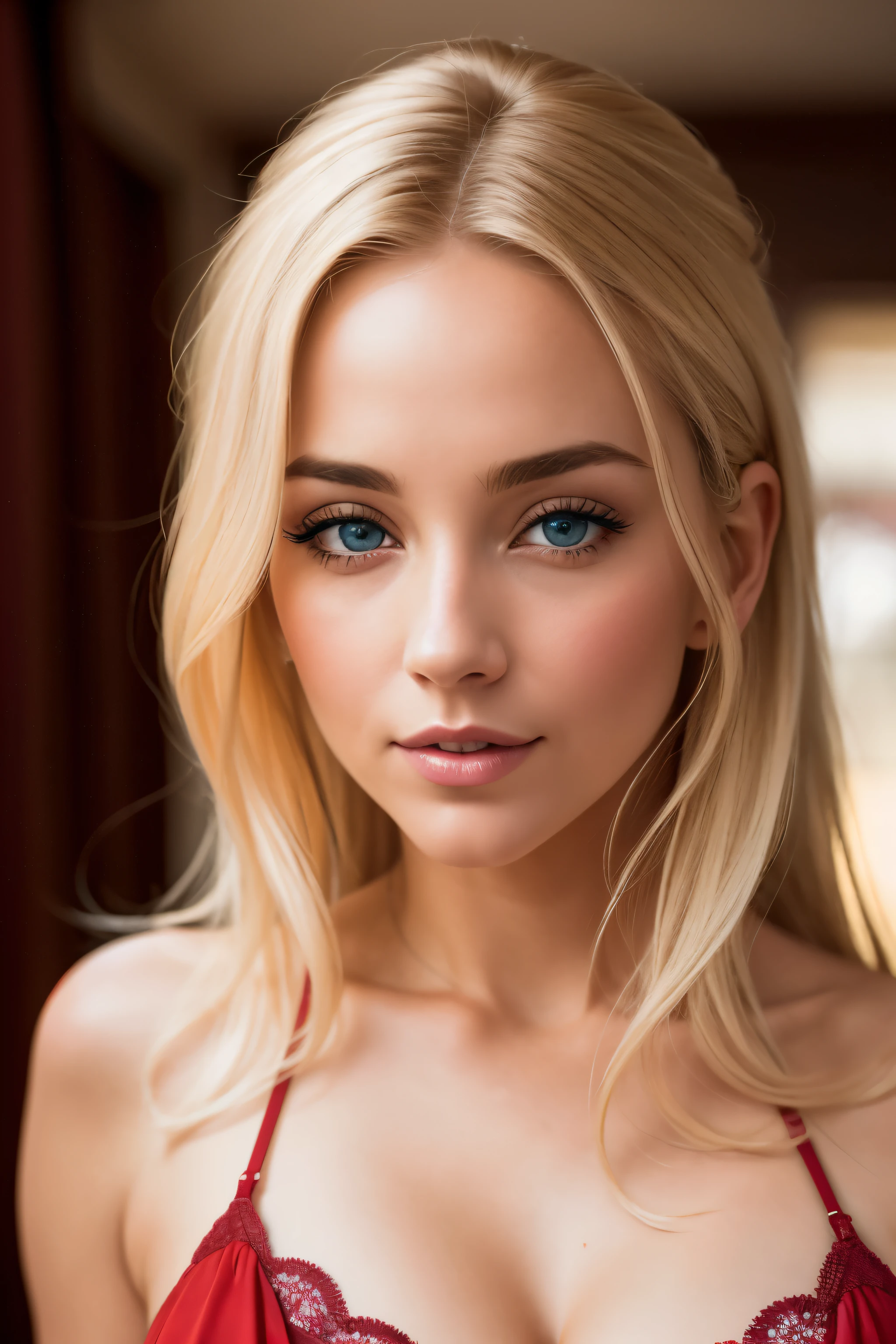 Hyper real image of a beautiful light-haired woman with blonde locks and blue eyes. Dressed in red lingerie, she exudes an irresistible allure. Every detail, from her delicate features to the texture of her skin, is captured in crystalline clarity. (9K resolution, hyper realistic, lifelike, best quality, cinematic lighting, fine art photography, Canon EOS R6, 50mm lens, F/1.2, shallow depth of field)