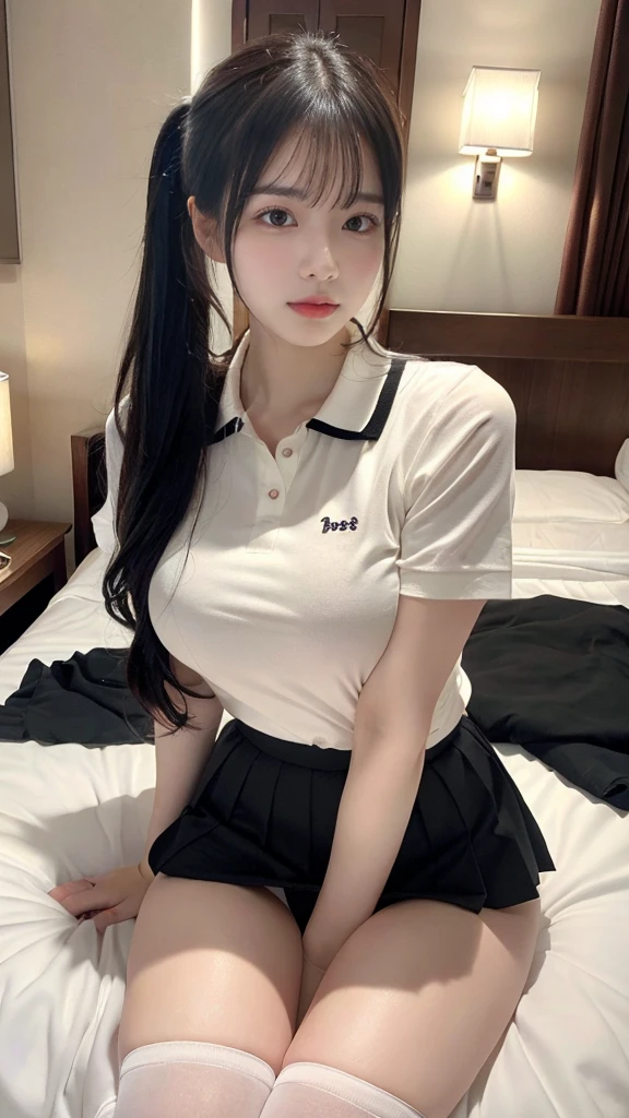muste piece, best quality, illustration, Super detailed, fine details, High resolution, 8K,wall paper, perfect dynamic composition,(Details High quality, realistic depiction of eyes:1.3), (Polo shirt with collar), pleated skirt, knee high socks, ponytail, Lying down, black hair color, Big Natural Color Lip, bold sexy pose, (perfect body shape), crying a little、cold gaze, Harajuku style、20 year old girl、cute type、lolita、beautiful legs, hotel room, hposing Gravure Idol, Voluptuous thighs