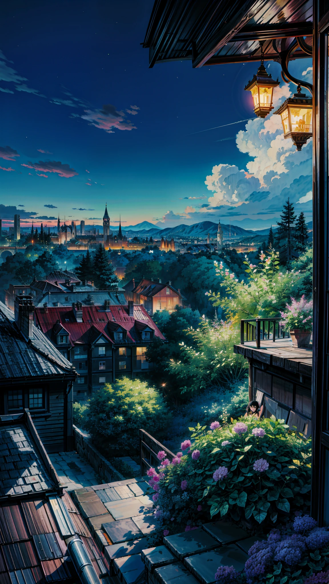 a balcony with a table and chairs overlooking a city at night, hd anime cityscape, anime. by makoto shinkai, night sky full of flowers, anime landscape, makoto shinkai and (cain kuga), anime scenery, by makoto shinkai, sits on a rooftop, by Makoto Shinkai, makoto shinkai. high detail,  4k hd,, beautiful art uhd 4 k, a beautiful artwork illustration, beautiful digital painting, highly detailed digital painting, beautiful digital artwork, detailed painting 4 k, very detailed digital painting, rich picturesque colors, gorgeous digital painting