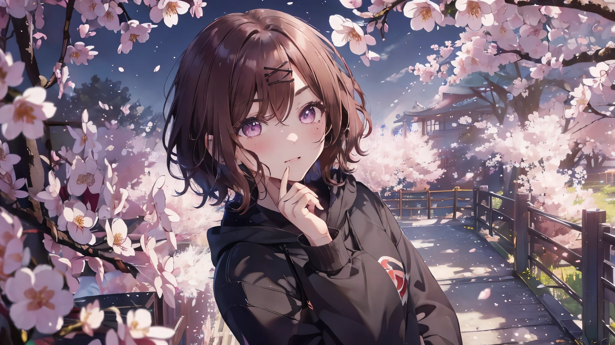 (best image quality, masterpiece:1.2), (super detail drawing),from behind, from above、(full body:1.3), A kaleidoscope of vibrant blossoms and enchanting cherry trees々surrounded by、A girl stands in a breathtaking city landscape。(Walking through the cherry blossom district:1.2),(sky scraper:0.6) ,The starry sky above is illuminated with mysterious colorful lights, Create a fantastic atmosphere, BREAK　①Quality：(1girl:1.3),(Perfect hands:1.3),(Perfect Anatomy:1.3), (master piece:1.3),(best quality:1.3), detailed,8k ②th：high resolution,beautiful detailed eyes, cute eyes, sparkling pupils, Intricate Iris Details, Captivating Eye Reflections, Sparkling Highlights in the Eyes, Depth and Dimension in the Pupils, Subtle Color Variations in the Iris, Meticulous Eyelash Details, detailed eyes, ③Lighting：Best Illumination, Part ④⑤: ultra-detailed face,detailed skin, ⑥Body shape：(slender body type:1.3), Seven heads, small head, ⑦Skin: ⑧Expression：(blush:1.1), Looking at Viewer, waiting for a kiss, ⑨Style: ⑩Subject：Oh Madoka, (mole under eye:0.8)、aamadoka,(mole under eye:0.8),short hair,bangs,hairclip,black sweater,hood,long sleeves,collared shirt,plaid skirt,grey skirt,(black pantyhose:1.4), thighband pantyhose,loafers,brown footwear, short hair、bangs、Hair clip ⑪Hair: shiny hair, floating hair, short hair, brown hair, mole under eye, mole, hair ornament, hairclip, BREAK ⑫Environment： ⑬Composition： ⑭Costume : piercing,　(wrinkles between eyebrows:1.3)、