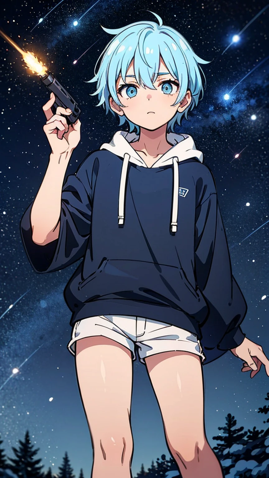 An image of a young and handsome boy with light blue hair gazing up at the starry night sky during winter, with shooting stars streaking across the heavens.