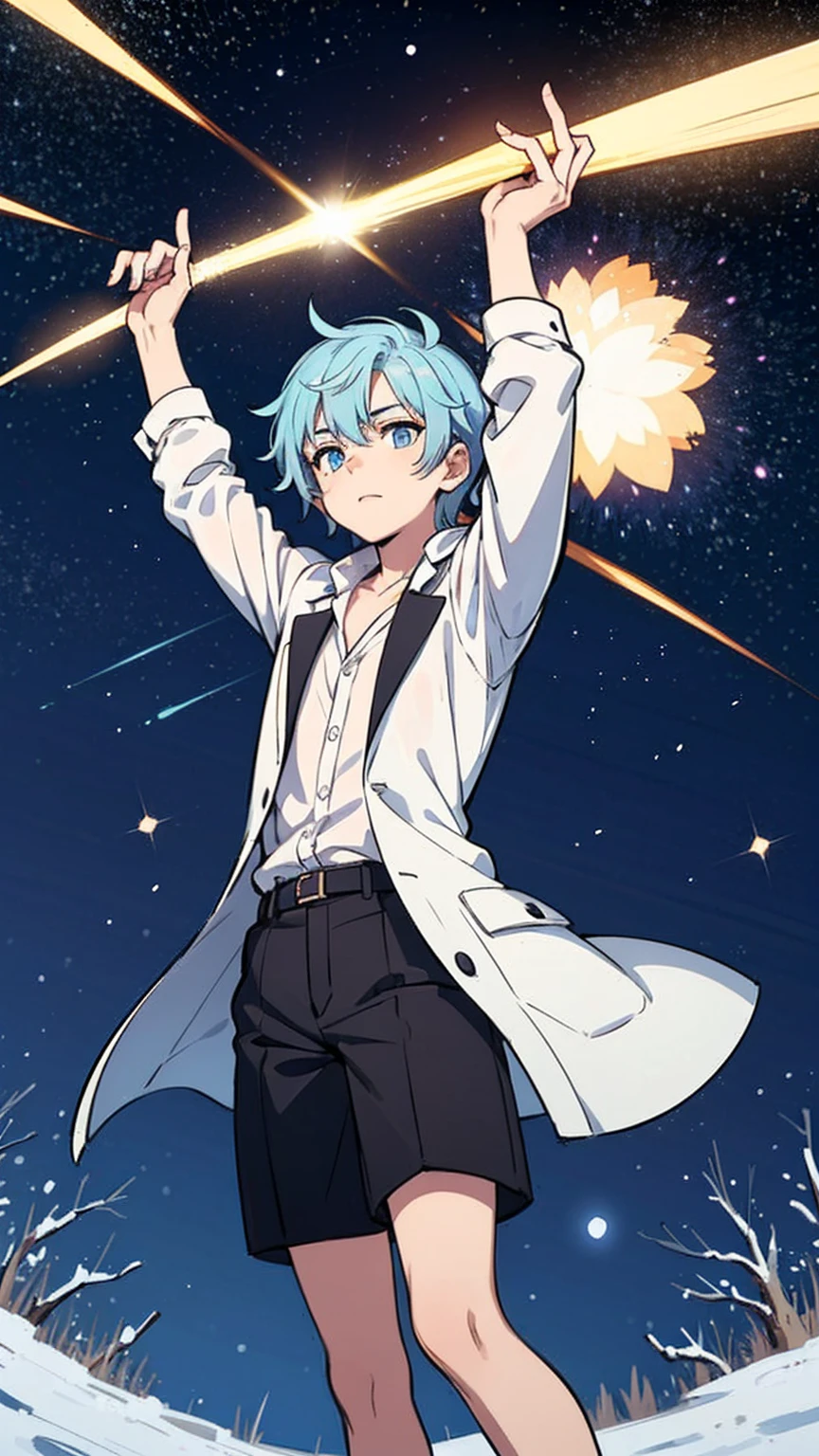 An image of a young and handsome boy with light blue hair gazing up at the starry night sky during winter, with shooting stars streaking across the heavens.