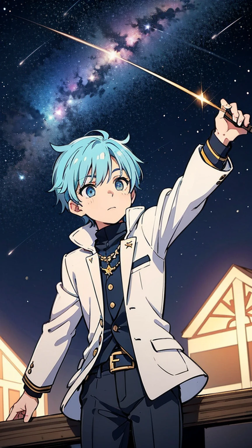 An image of a young and handsome boy with light blue hair gazing up at the starry night sky during winter, with shooting stars streaking across the heavens.