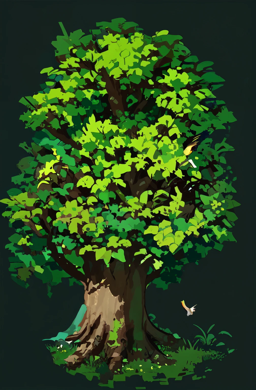 a cartoon tree with many leaves and a bird flying around it, rico arbol, Arbol alto, a Arbol alto, Arbol alto, Plant and Tree Game Asset, big tree, giant tree, Big green tree, trees, with a Arbol alto, Accesorios que contienen trees, un hermoso arbol, hecho en creador de rpg, celshading, pixel art object