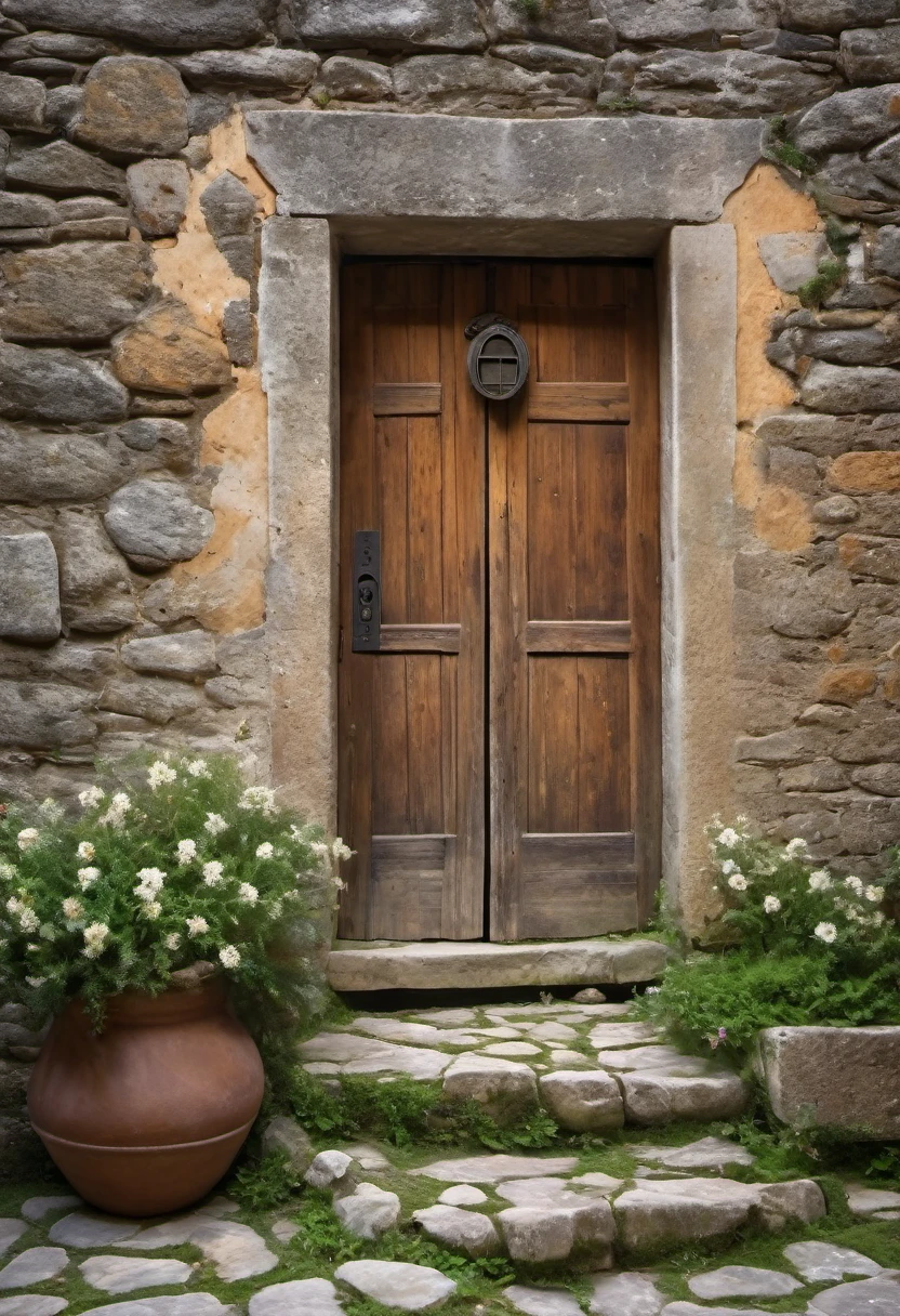 Jesus knocks on the door of a picturesque stone house, antiga, with a rustic wooden door without a lock. Some small flowers are scattered across the ancient and rustic stone floor., creating a commercial photography composition, visto de cima, Refrescante Visual, fotografia comercial, Fotografado com uma Canon EOS 1D, lente sigma 34mm, Ultra realismo, luz de cinema, 8k