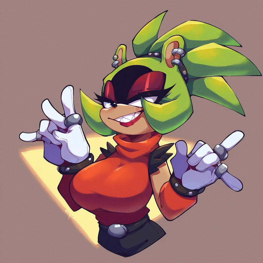 score_9, score_8_up, 2D, flat color, 1girl, flat background, surge the tenrec, by sonic team, portrait, above shoulder, red turtleneck sweater, black belt with gold buckle around waist, black pants, milf sized bust, large breasts, thicc, milf, makeup, calm smile
