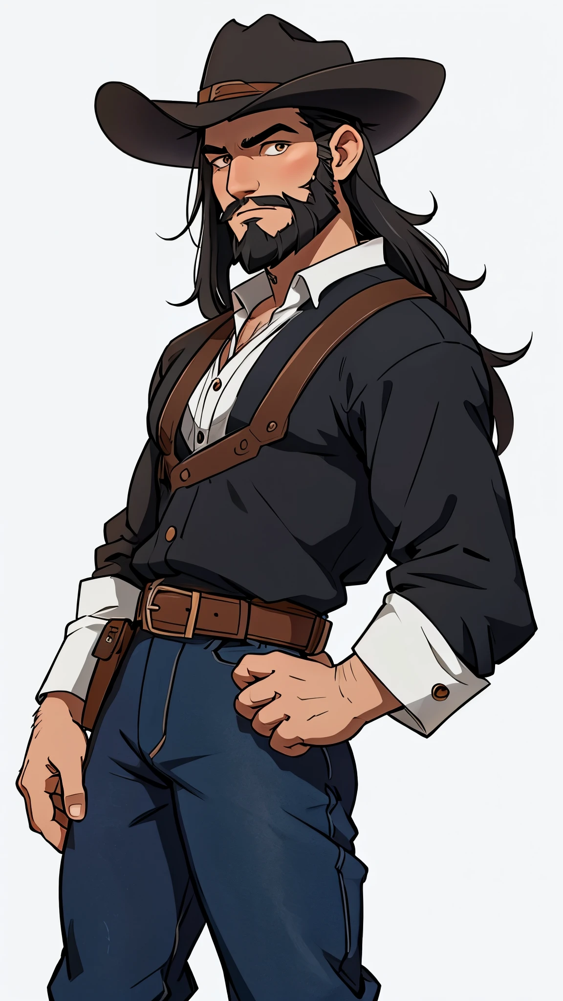 1 caucasian Man solo, solo.he has a short black beard and he has black flowing hair. Cowboy. Western outfit. White background