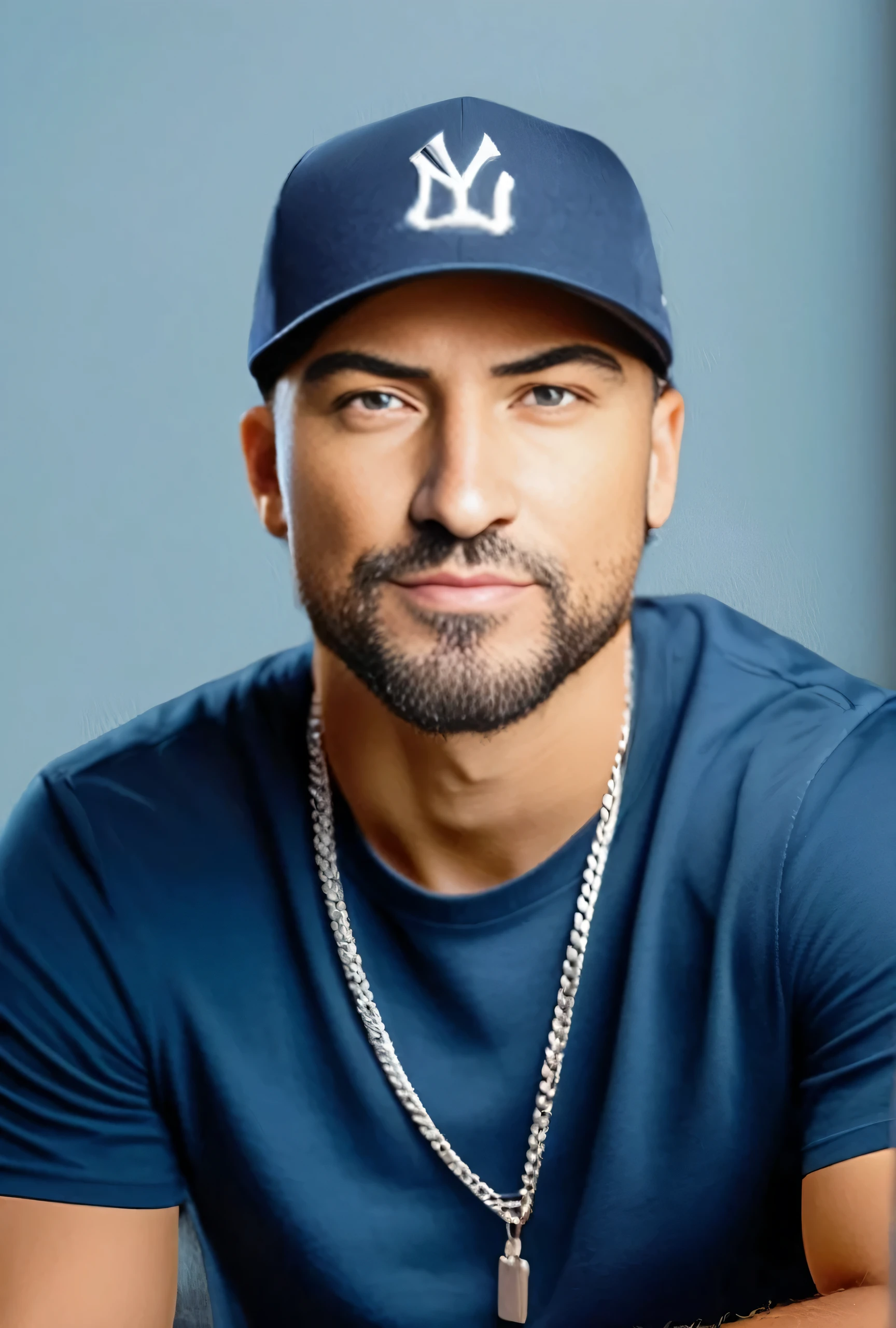 A high quality portrait of a male of European descent, taking a selfie, with short, dark hair and a neatly groomed beard, piercing hazel eyes, wearing a casual blue t-shirt, a silver chain necklace, and a navy blue baseball cap, with a neutral studio background setting and soft lighting.((masterpiece)), ((best quality)), ((detailed)), (Magnificent), Astounding, ((Enchanting)), Landscape, Desert, Barren, Wasteland, Photograph, Image, Snapshot, Harsh lighting, Sharp light, Strong lighting, shot with shot with{Sony A7C with Sony FE 28-60mm f-4-5.6}, Compressed perspective, Long focal length lens