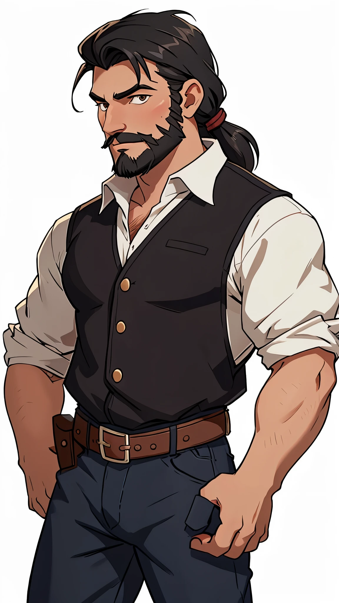 1 caucasian Man solo, solo.he has a short black beard and he has black flowing hair. Cowboy. Western outfit. White background