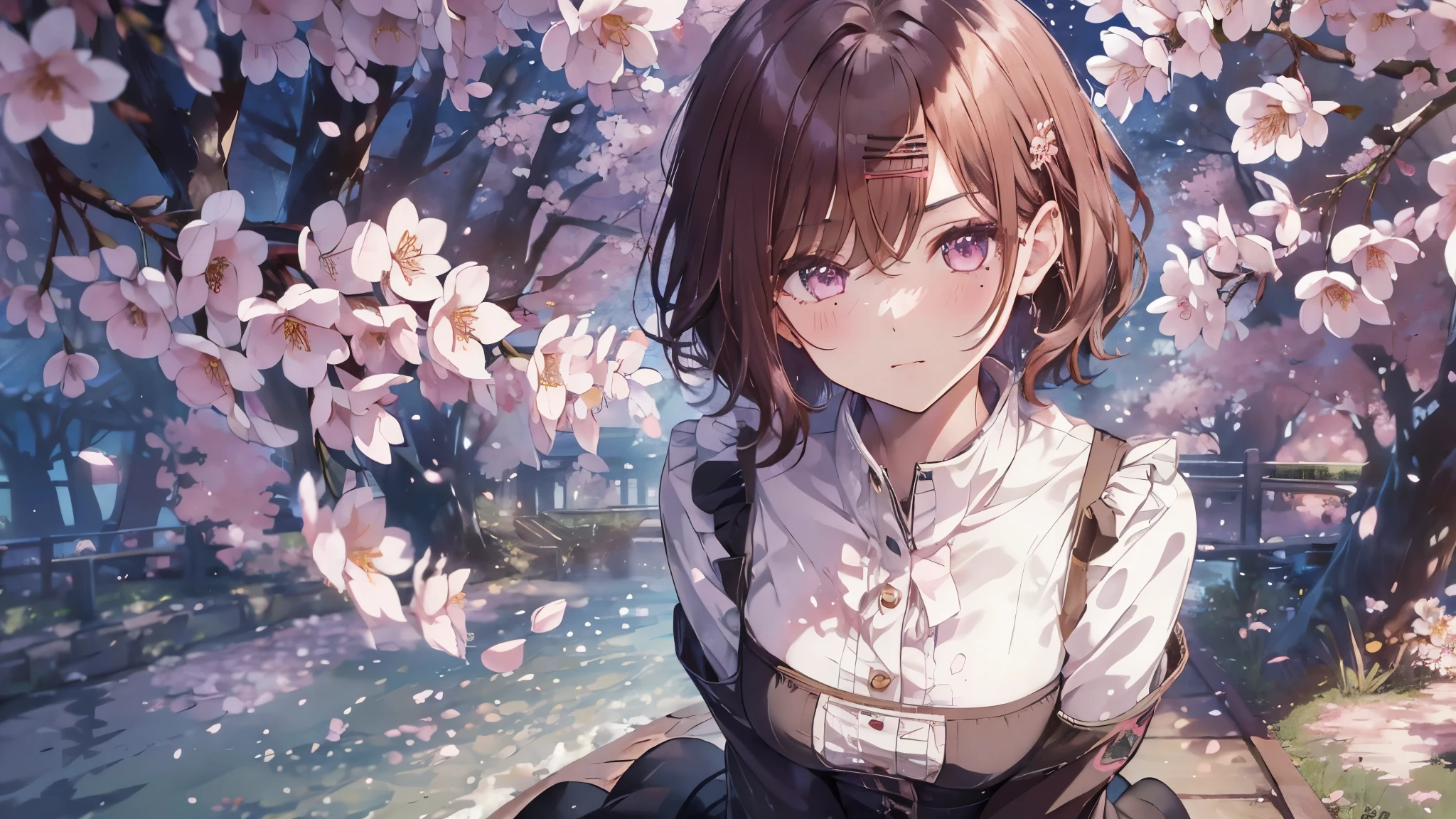 (best image quality, masterpiece:1.2), (super detail drawing),from behind, from above、(full body:1.3), A kaleidoscope of vibrant blossoms and enchanting cherry trees々surrounded by、A girl stands in a breathtaking city landscape。(Walking through the cherry blossom district:1.2),(sky scraper:0.6) ,The starry sky above is illuminated with mysterious colorful lights, Create a fantastic atmosphere, BREAK　①Quality：(1girl:1.3),(Perfect hands:1.3),(Perfect Anatomy:1.3), (master piece:1.3),(best quality:1.3), detailed,8k ②th：high resolution,beautiful detailed eyes, cute eyes, sparkling pupils, Intricate Iris Details, Captivating Eye Reflections, Sparkling Highlights in the Eyes, Depth and Dimension in the Pupils, Subtle Color Variations in the Iris, Meticulous Eyelash Details, detailed eyes, ③Lighting：Best Illumination, Part ④⑤: ultra-detailed face,detailed skin, ⑥Body shape：(slender body type:1.3), Seven heads, small head, ⑦Skin: ⑧Expression：(blush:1.1), Looking at Viewer, waiting for a kiss, ⑨Style: ⑩Subject：Oh Madoka, (mole under eye:0.8)、aamadoka,(mole under eye:0.8),short hair,bangs,hairclip,black sweater,hood,long sleeves,collared shirt,plaid skirt,grey skirt,(black pantyhose:1.4), thighband pantyhose,loafers,brown footwear, short hair、bangs、Hair clip ⑪Hair: shiny hair, floating hair, short hair, brown hair, mole under eye, mole, hair ornament, hairclip, BREAK ⑫Environment： ⑬Composition： ⑭Costume : piercing,　(wrinkles between eyebrows:1.3)、