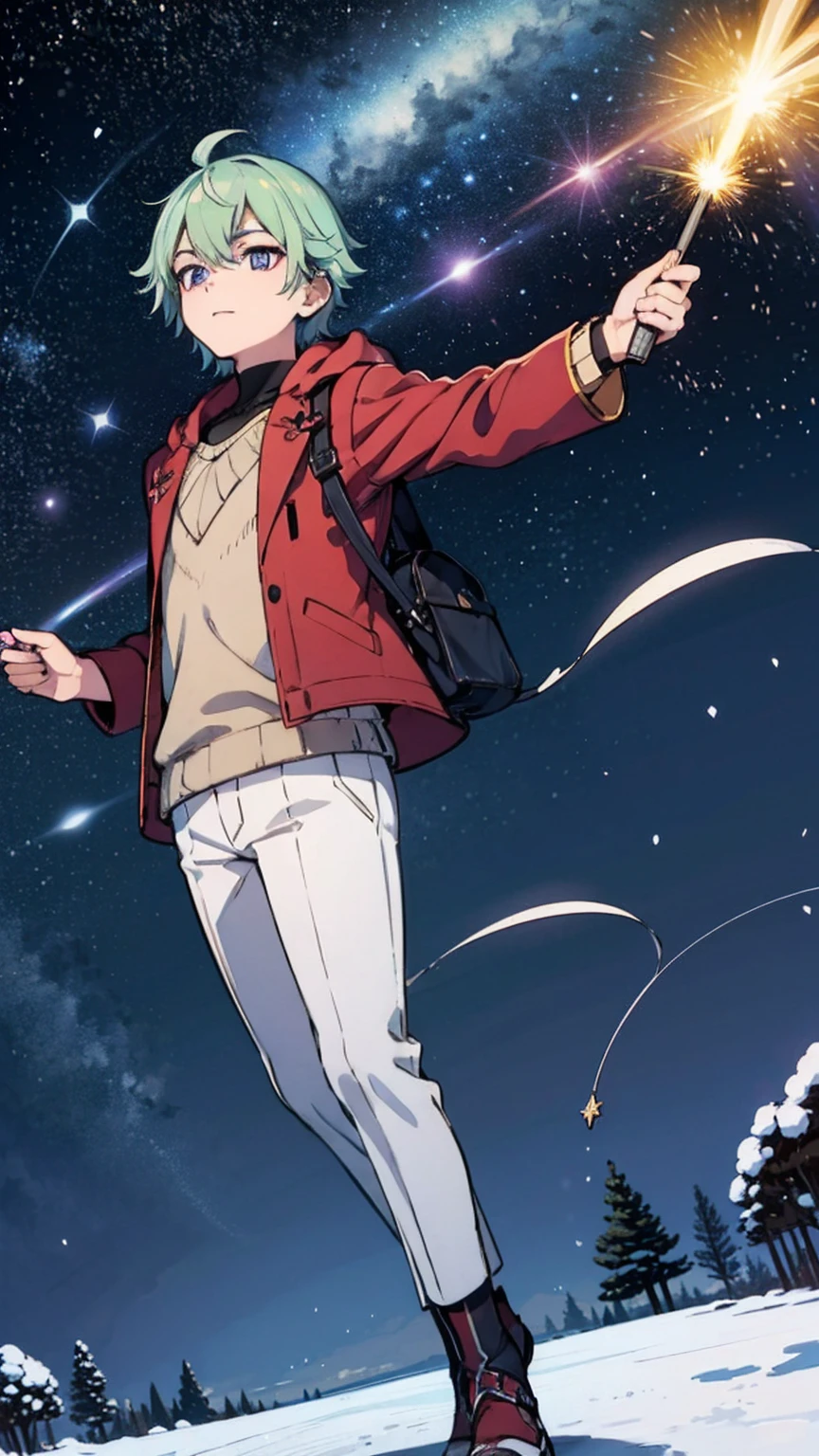 An image of a young and handsome boy with light blue hair gazing up at the starry night sky during winter, with shooting stars streaking across the heavens.