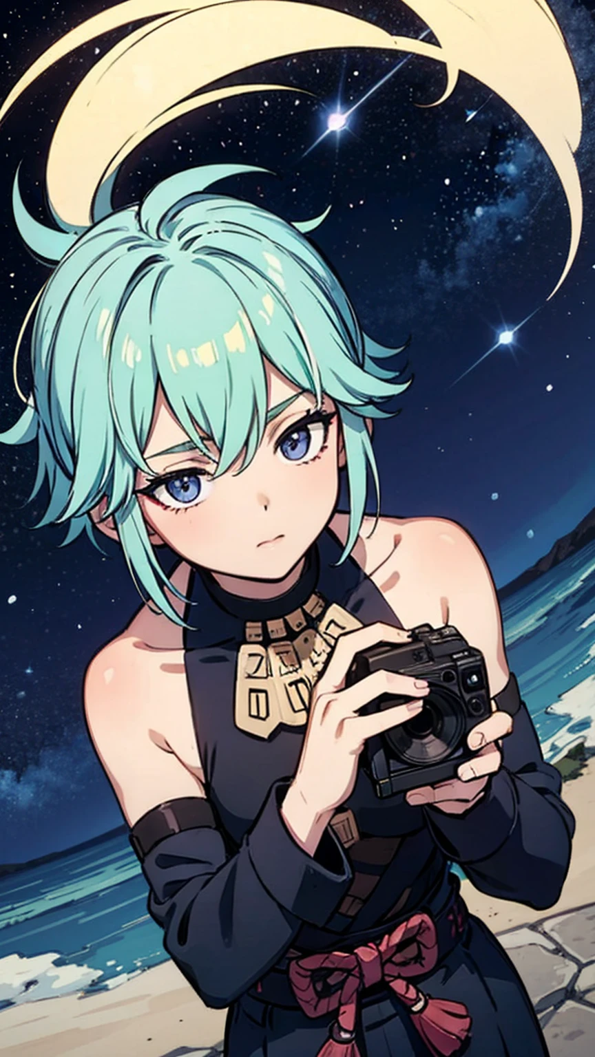 An image of a young and handsome boy with light blue hair gazing up at the starry night sky during winter, with shooting stars streaking across the heavens.