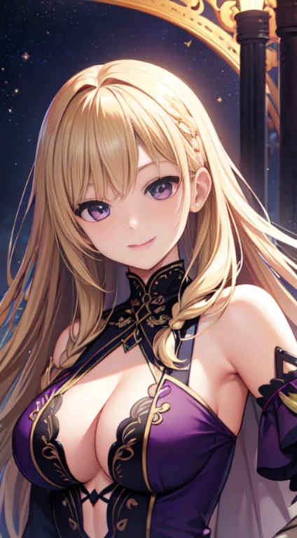 最high quality,very detailed,high quality,Extremely detailed,masterpiece,Super fine,超High resolution,超high quality,super realistic、(1 person:1.2)、woman、(Mature:1.5)、Blonde Hair Color、(Braid)、(Captivatingly shining purple eyes)、big breasts 、slender body、(smile:1.3)、(最high quality), dark fantasy, Large sword, Magical girl, gothic,realistic, super detailed, High resolution, anime,