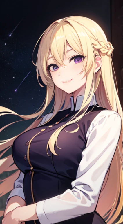 最high quality,very detailed,high quality,Extremely detailed,masterpiece,Super fine,ultra high resolution,超high quality,super realistic、(1 person:1.2)、woman、(Mature:1.5)、Blonde Hair Color、(Braid)、(Captivatingly shining purple eyes)、big breasts 、slender body、(smile:1.3),Upper body,line drawing,white blazer,black t-shirt,expressionless eyes,((Kubo Tite style))