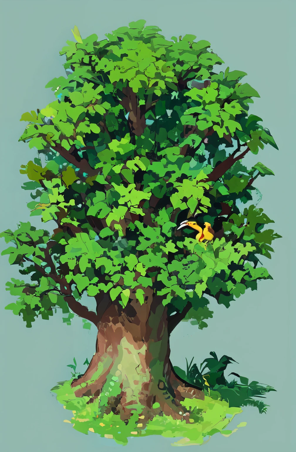 a cartoon tree with many leaves and a bird flying around it, rico arbol, Arbol alto, a Arbol alto, Arbol alto, Plant and Tree Game Asset, big tree, giant tree, Big green tree, trees, with a Arbol alto, Accesorios que contienen trees, un hermoso arbol, hecho en creador de rpg, celshading, pixel art object