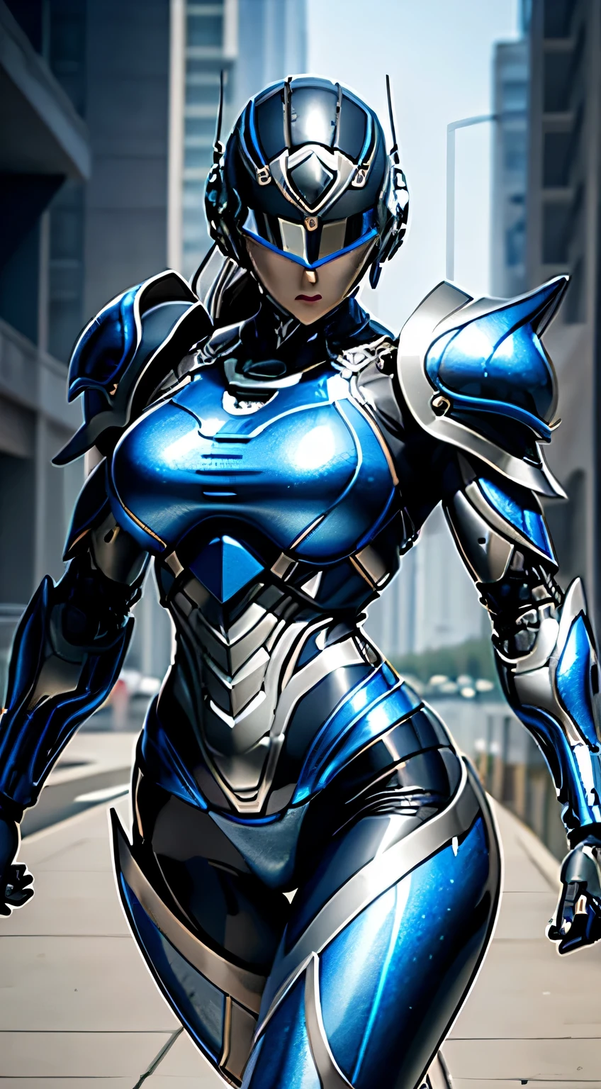 female robocop solo、bright outdoors、strong light source、8K, high quality, masterpiece, 最high quality、very detailed、Armor that completely covers the whole body、very large armor、Helmet covering the head、clear pictures、Eyes hidden by thin straight goggles:1.3、The lower half of the face is raw:1.5、The lower half of the face is exposed、luscious lips、Dark blue and white metallic armor、Armor that completely covers the chest、thin and long legs、Vibrant posel body view,big and full breasts:1.5, (sports body:1.5)、five fingers、photos around town